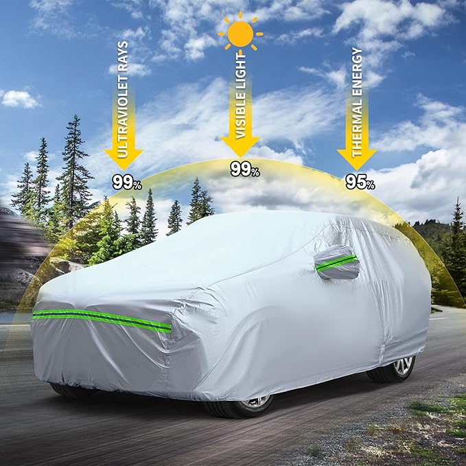 Full Car Cover Universal 6 Layers Outdoor Thicked All Weather Cover, Sunshield, Waterproof, Snow Proof, UV Proof, Scratch Proof, Bird Droppings, 6 Reflective Strips, Fits Pickups up 180"-206"