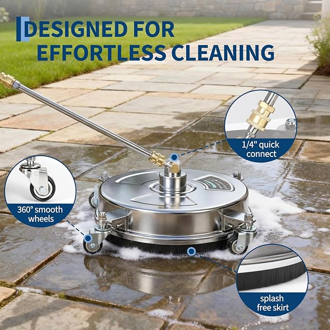18" Pressure Washer Surface Cleaner with 4 Wheels, Stainless Steel Surface Cleaner for Pressure Washer Attachment for Patio, Sidewalk, Deck and Driveways