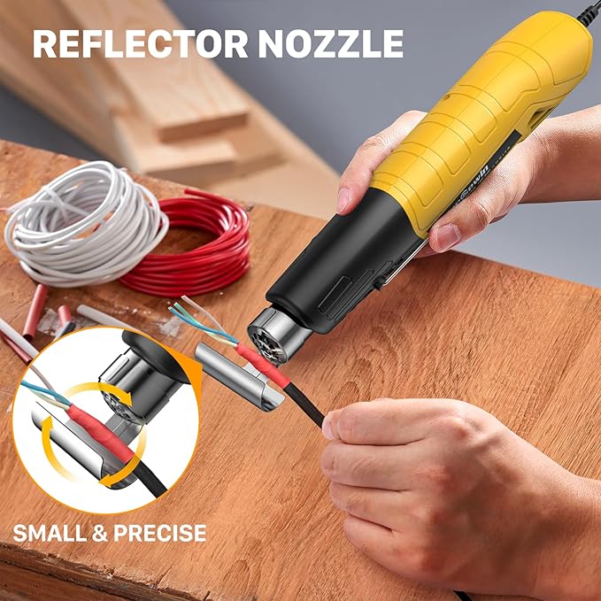 Mini Heat Gun 380W Fast Heat Hot Air Gun 2-Temp Settings 480°F-850°F(249°C-455°C) With Overheat Protection Reflector Nozzle, 4.9Ft Cable for Shrink Wrap, Vinyl, Crafts, Epoxy Resin (Yellow)