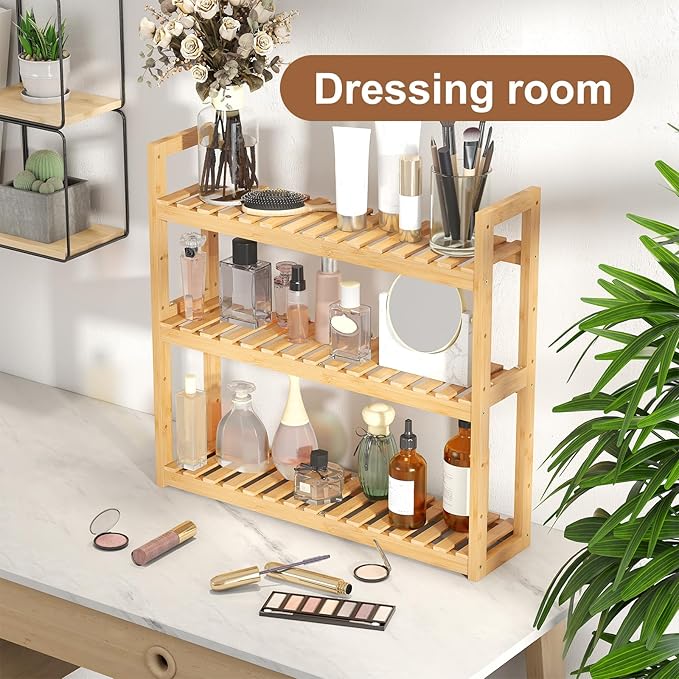 FILWH Bamboo Organizer Rack - Adjustable 3-Tier Storage Shelf, Wall Mounted or Over The Toilet, Living Room, Kitchen (Natural)