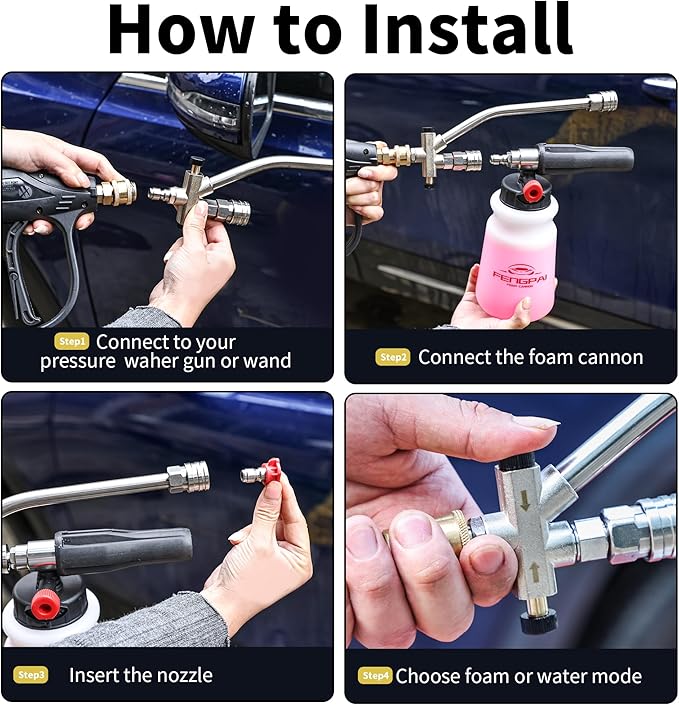 FENG PAI Foam Cannon with Pressure Washer Gun and Dual Connector, 3-in-1 Short Lance Accessory for Snow Foam Cannon, Power Washer Blaster Kit for Car Washing and Cleaning, Sprayer Bottle 1L 4000 PSI