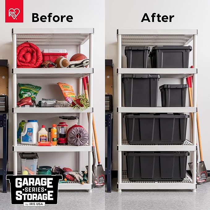 IRIS USA 31 Gallon Heavy Duty Storage Totes with Easy-Grip Handles, 4 Pack - Large Bins with Lids Garage Organizing Tubs, Durable Stackable Utility Containers, Made in USA - Black