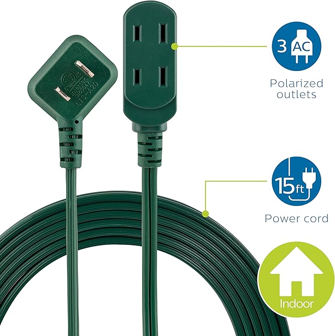 Philips Extension Cord, 15 Ft, 3-Outlet Flat Plug, Safety Slide Multiple Outlets, Indoor, 2 Prong, Green, SPS1032GE/27 (Pack of 12)
