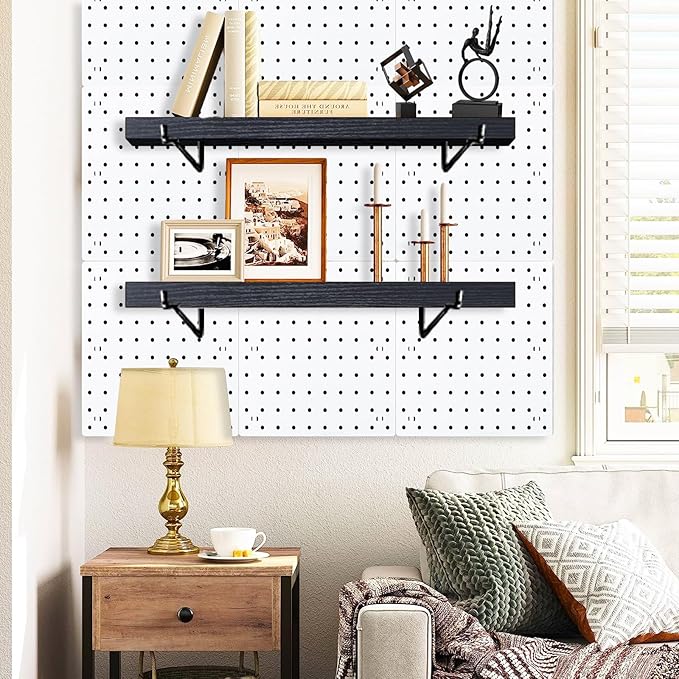 Black Pegboard Shelf, 4 Pack Wooden Pegboard Shelves with Metal Brackets Hooks, Heavy Duty Peg Board Organizer Shelves, Pegboard Accessories Organizer for Crafts Room, Garage, Workbench, Office