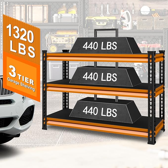 3-Tier Garage Shelving Heavy Duty,40''W x 18''D x 36''H Metal Shelving Unit,1320 lbs Weight Capacity Adjustable Storage Shelves for Retiple Tanks, Aquariums, Pantry,Orange