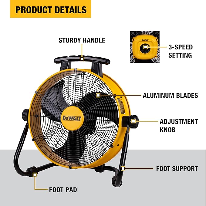 DEWALT DXF1840 Floor Fan, Industrial Fans, 18 Inch High Velocity Fan with 3-Speed Heavy Duty Air Circulator and 180 Adjustable Tilt, Large Electric Metal Rotating Garage Fan, Drum fan for Work, Yellow