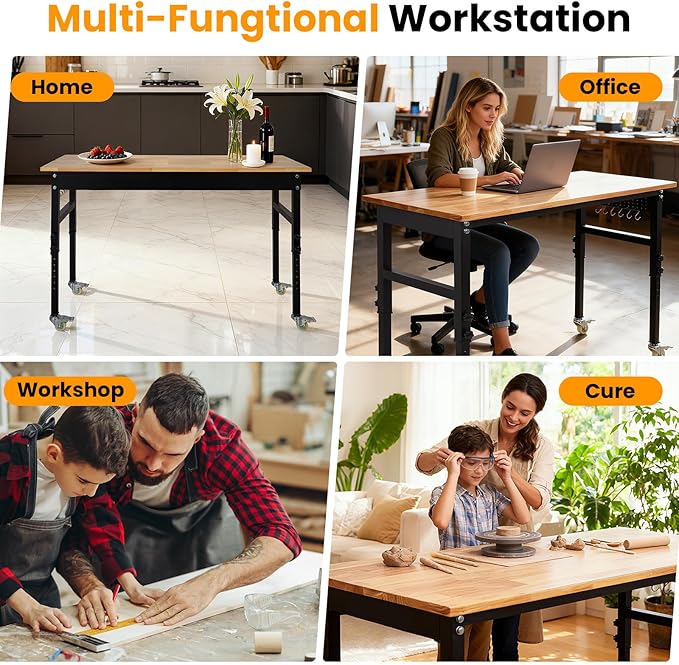 48" x 24" Heavy Duty Adjustable Workbench with Casters & Thickened Legs, 8-Level Height Adjustment, with Scale, Pegboard and Hooks, Rubberwood Worktable for Garage or Work