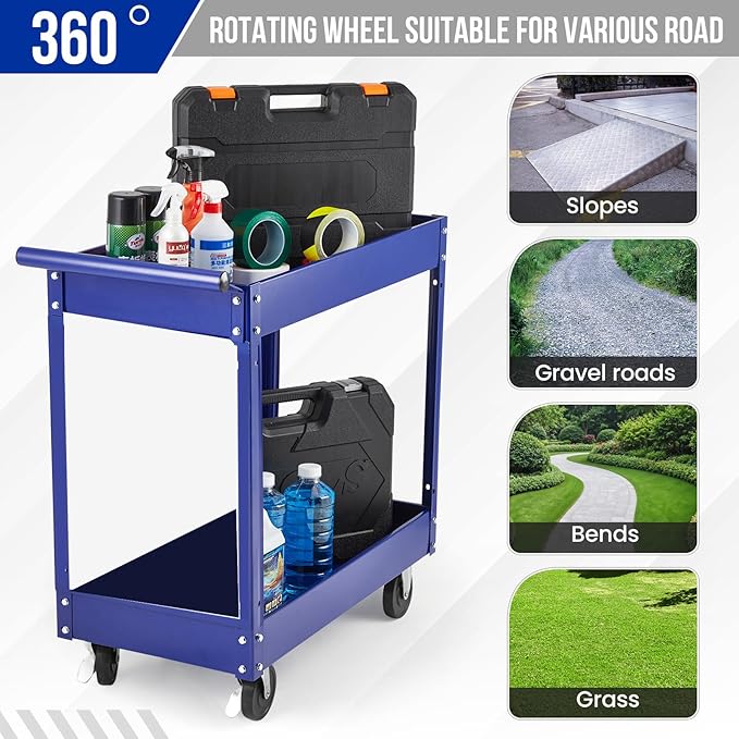 2 Tier Metal Utility Cart,330 Lbs Metal Heavy Duty Utility Cart On Wheels,2 Shelf Steel Rolling Tool Cart, Tool Storage Organizer for Mechanic, Garage, Workshop, Warehouse