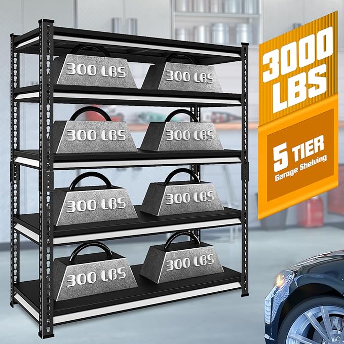 Garage Shelving Heavy Duty, 3000 Lbs Loads Garage Storage Shelves Heavy Duty, 5-Tier Metal Shelving Units and Storage for Basement, Retiple Tanks,48''Wx24 Dx78 H,Black