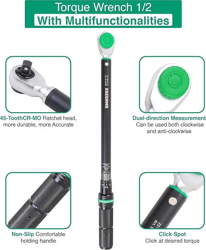 1/2-Inch Drive Click Torque Wrench, 22-150 Ft.lb/29.8-203.4 Nm Dual-direction Torque Wrench with ±3% High Precision, Dual Range Scales, Quick Release Reversible Head for Motorcycle, Car