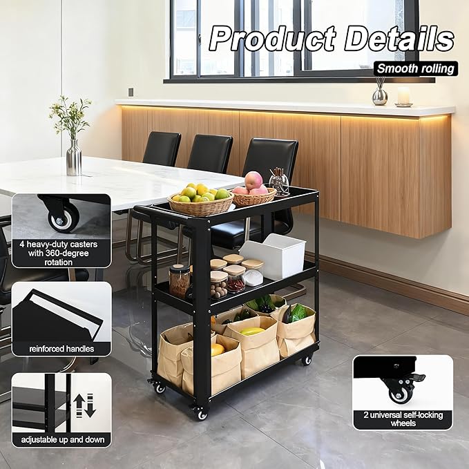 3 Tier Metal Utility Rolling Cart with Wheels, Heavy Duty Storage Organizer Trolley Cart for Kitchen, Bathroom, Office, Bedroom – Multi-Purpose 330Lbs Capacity Utility Cart on Wheels, Black