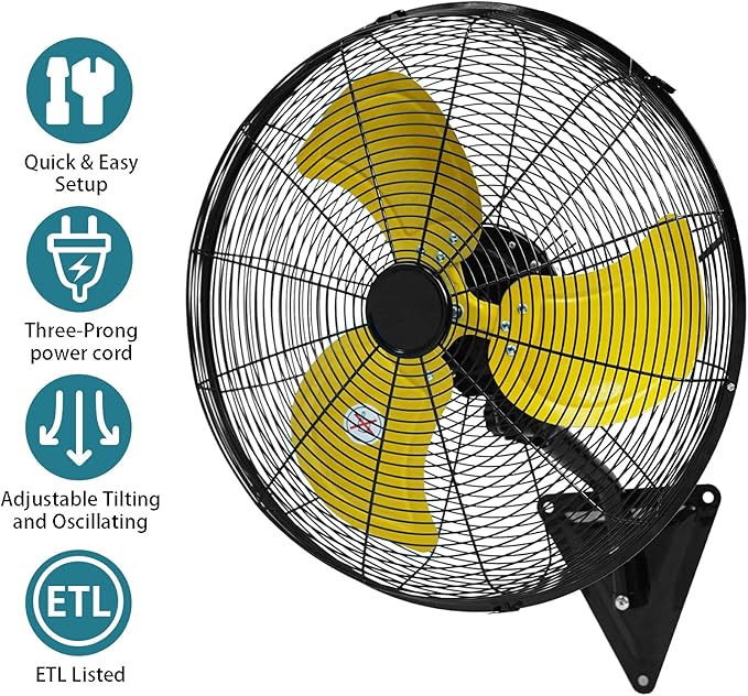 AZOUTDOOR Wall Mount Fan, 20" Oscillating Wall Fan with 7000CFM, 3-Speed, Upgrade Motor High Velocity Industrial Fans for Commercial, Garage, Residential and Patio Use, Yellow