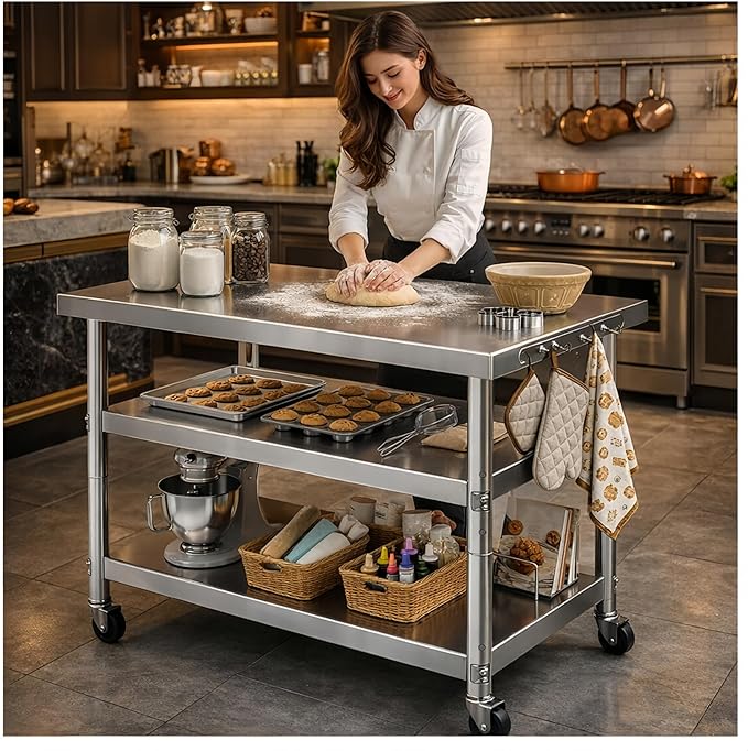Stainless Steel Table with Wheels for Food Preparation and Work, Multi-Size Optional, Three-Layer Variable Two-Layer Metal Commercial Workbench Outdoor, Restaurant, Kitchen (48" Lx24 Wx34 H)
