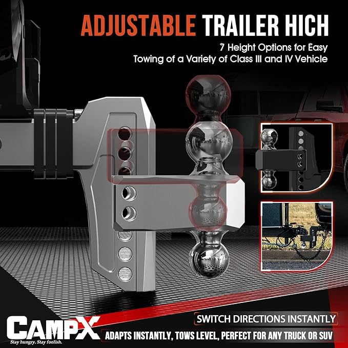 Adjustable Trailer Hitch Fits 2" Receiver, 6" Drop & Rise, Dual Solid Ball 2" and 2-5/16"(18,500 LBS GTW), Heavy Duty Aluminum Tow Hitch