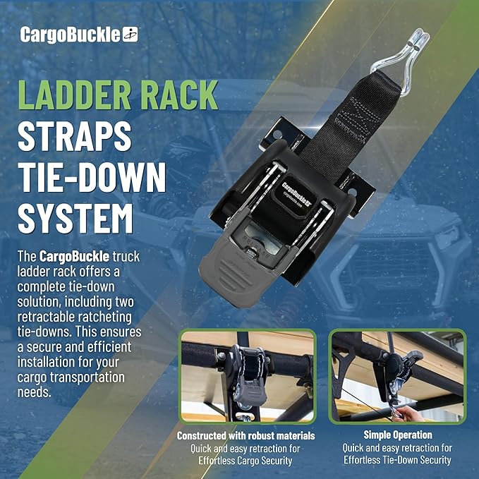 CargoBuckle F18816A Ladder Rack Straps – Self Retracting Ratchet Straps for Trucks with Square Racks, 2-inch x 7-Feet (Pack of 2)