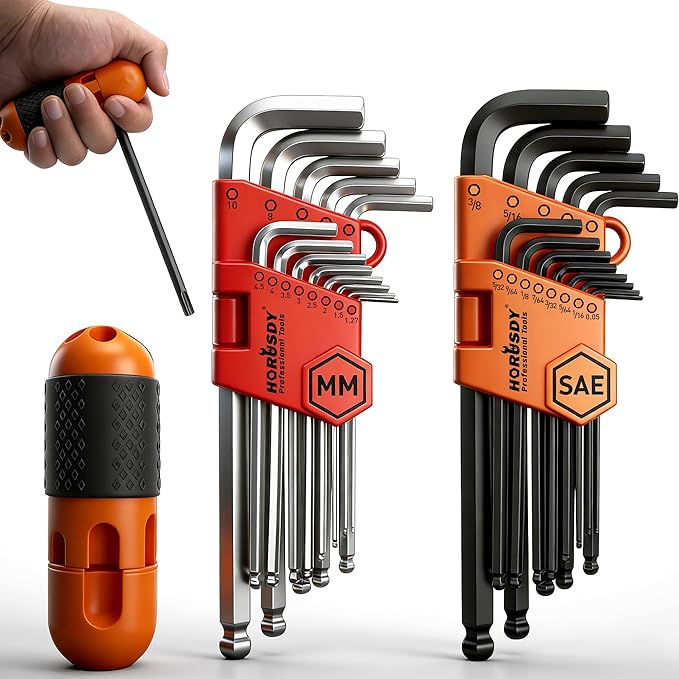 HORUSDY 27PCS Durable Hex Key Allen Wrench Long Arm Set with Ball End, Metric and Standard Sizes Allen Key Set with Another T Handle, Heat-treated CR-V Steel