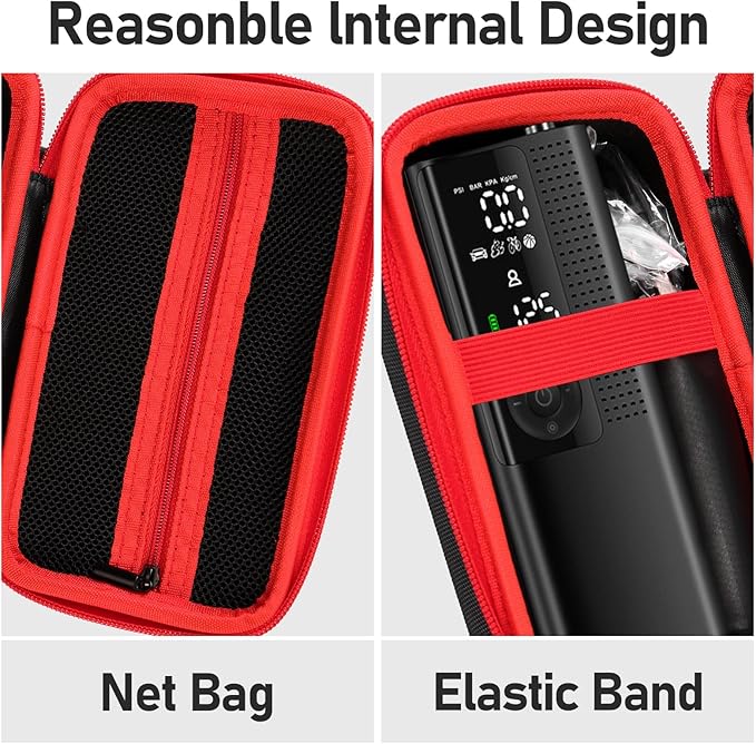 Case for Airmoto for MODARI Tire Inflator Portable Air Compressor Case,120 PSI Air Pump,Car Tire Pressure Gauge (150 PSI) Storage Bag, Air House, Connector and Accessories (Box Only)-(Black+Red)
