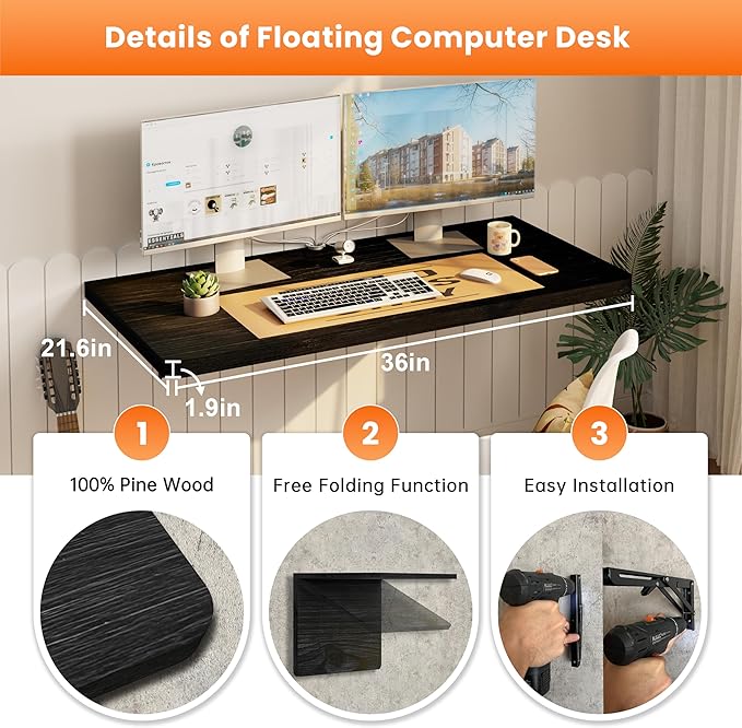 IAE Floating Wall Mounted Folding Table Desk with Pine Wood,36" x 22" Folding Workbench,Fold Down wall Mounted FoldableTable with Shelf Brackets,Laundry Folding Table for Apartment,Home,Kitchen,Black