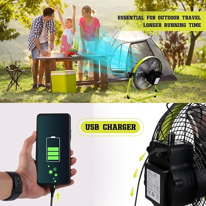 12 Inch Battery Operated Fan, 15000mAh Rechargeable Floor Fan, Portable Cordless Outdoor Fan with Metal Blade for Camping, Travel, Home, and Emergency Use – Green