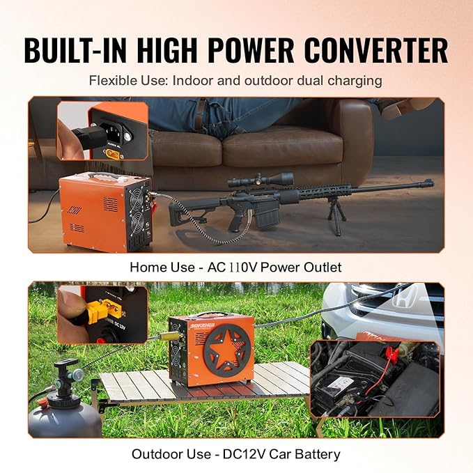 PCP Air Compressor, Auto-Stop,Built-in Oil-Water Separator Esiccant, Powered by Car 12V DC or Home 110V AC,4500Psi/30Mpa/300Bar with Cooling Fan System,Paintball Air Compressor Pump