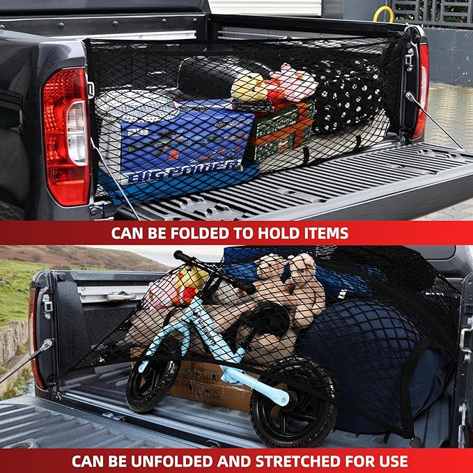 Cargo Net for Pickup Truck Bed - Heavy Duty Stretchable 4x4 to 8x8 Elastic Mesh with 8 Heavy-Duty Steel Hooks, Windproof Design Secures Loose Items for Trucks, SUVs, ATVs & Boats