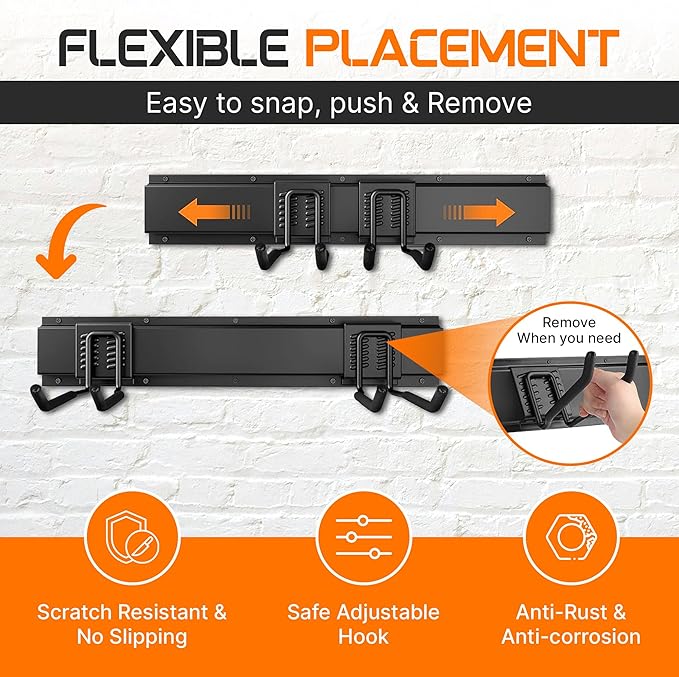 "96 Garage Tool Organizer Wall Mount - Heavy Duty 1020 lbs Metal Storage Rack, Easy Install Adjustable Hooks for Garden Tools Brooms