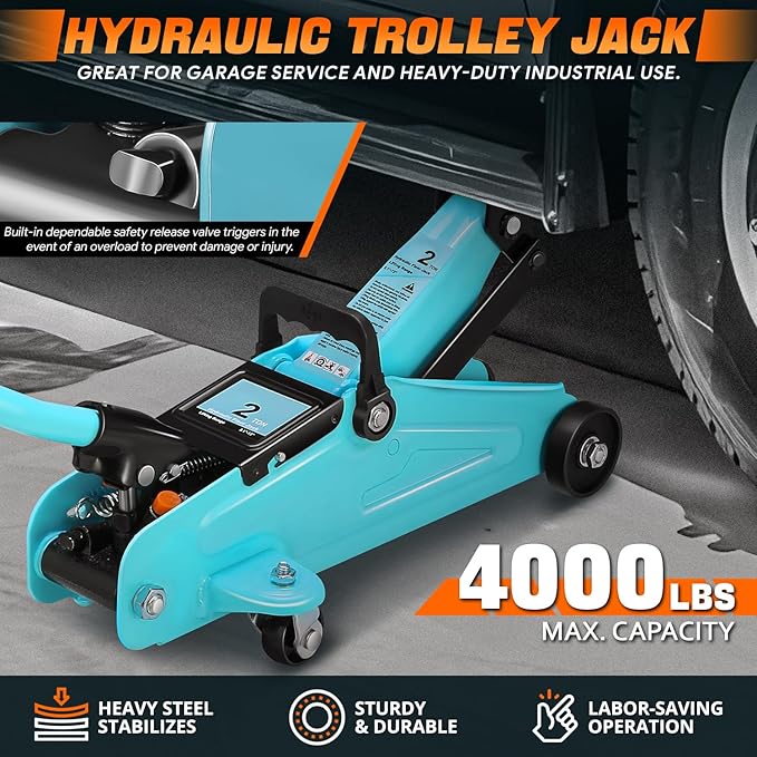 PM PERFORMOTOR Low Profile Hydraulic Trolley Service/Floor Jack Combo with 2 Ratchet Jack Stands, 2 Ton (4000 lbs) Capacity, Tiffany Blue, PM-TOL-FJ3P-TB