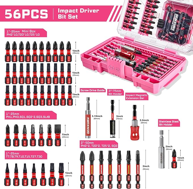 Geinxurn 56Pieces Impact Screwdriver Bits Set, Magnetic S2 Steel Phillips/Slotted/Square/Torx Insert Power Bits Tips, Impact Bit Holder with Pink Storage Box Case