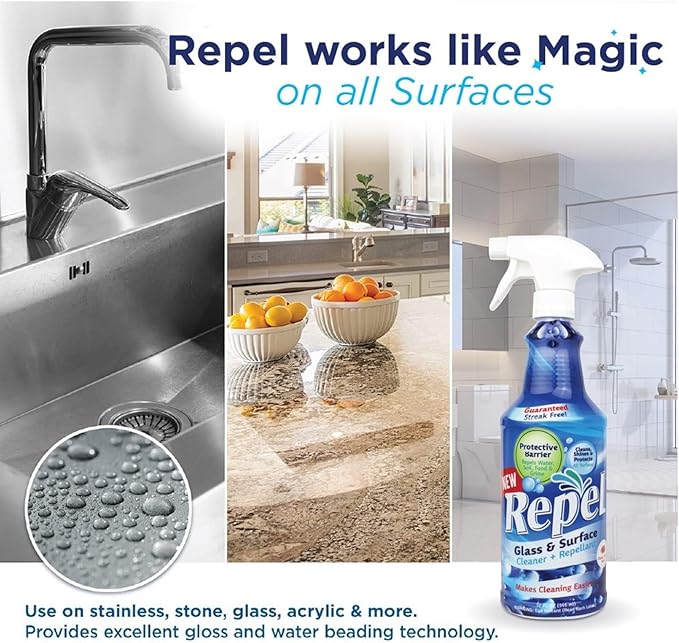 Clean-X New REPEL Glass and Surface Cleaner with Barrier Technology- 32 fl. oz. – 12 Pack Cleans and repels water and soil- Professional Cleaners by UNELKO Pro