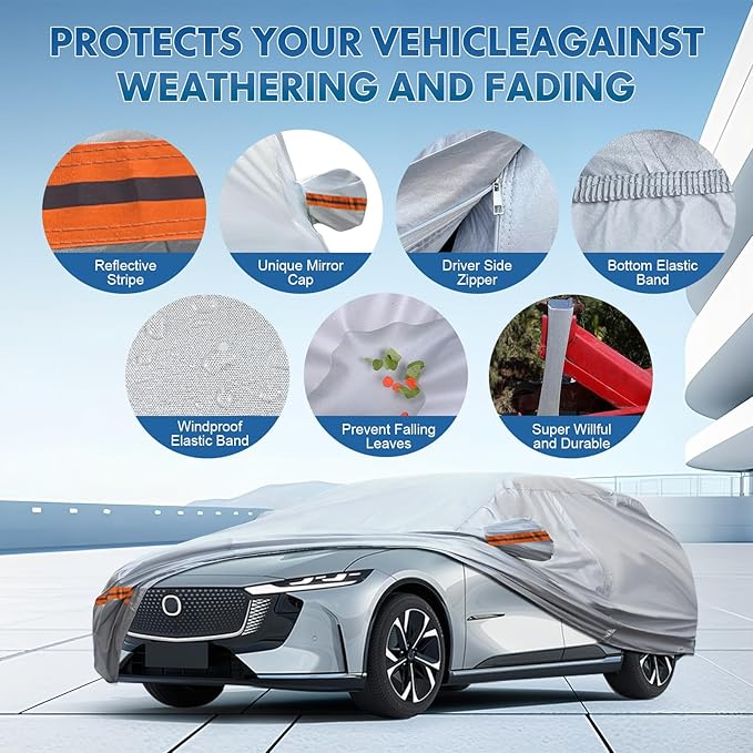 KEYOOG Car Cover, Fit for 180"-206" Length Pickup Truck, 6-Layer All-Weather Waterproof, Universal in All Seasons, Snow Prevention, Rainproof, Acid Rainproof, Sunscreen, Orange Reflective Strip