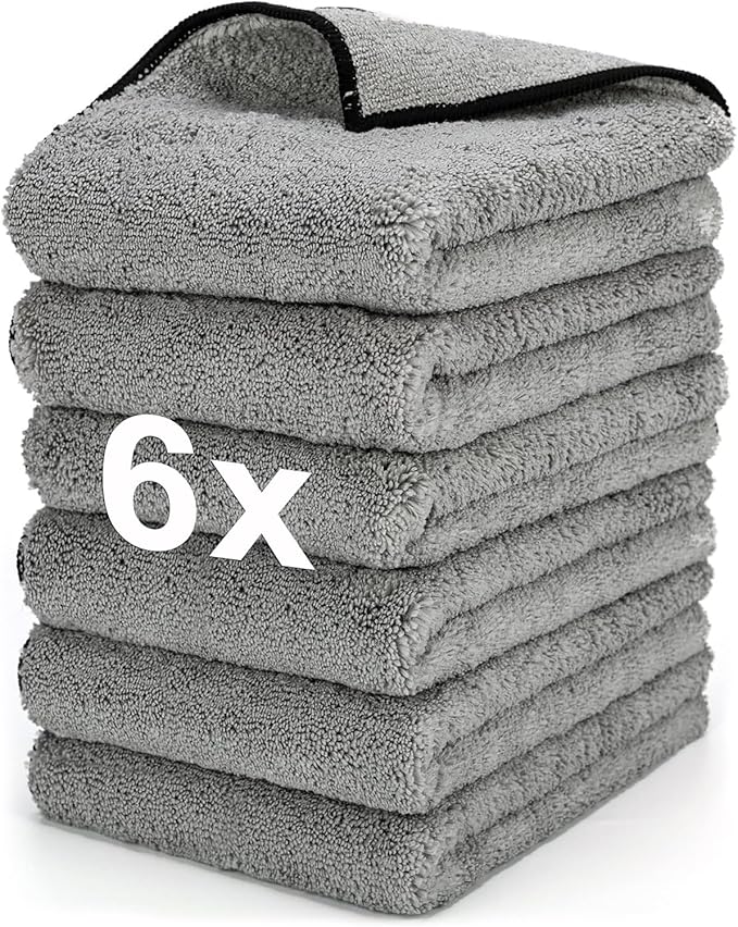 Microfiber Towels Gray for Cars - 6 Pack, High & Short Pile Micro Fiber Cleaning Cloth for Car Washing Drying & Auto Detailing, Water Absorption Lint Free & Non-Streak