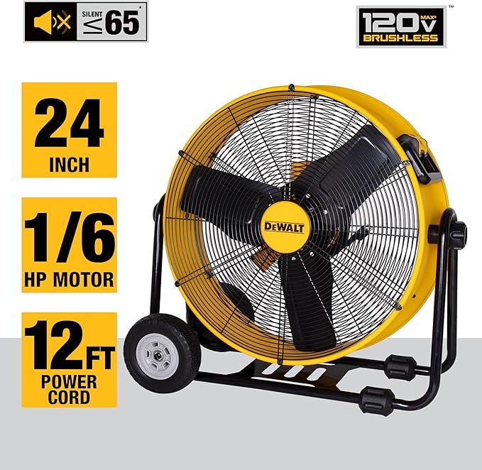 DEWALT DXF2490 High Velocity Fan, Floor Fans, 24 Inch Large Electric Metal Rotating Industrial Fan with 360° Adjustable Tilt & Large Wheel, Drum Fans for Outdoor and Warehouse, Yellow