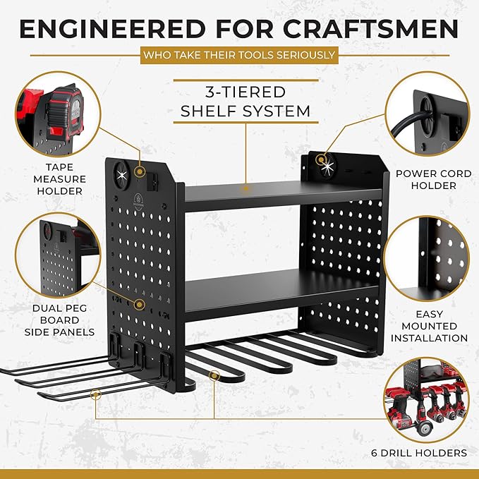 BUILTSTRONG Power Tool Organizer-6 Drill Holder Wall Mount, 3 Tier Heavy-Duty Hand Tool Storage Rack, Utility Racks, Drill Holder, 2 Pegboard Sides - Garage Storage Cordless Tool Organizer (Black)