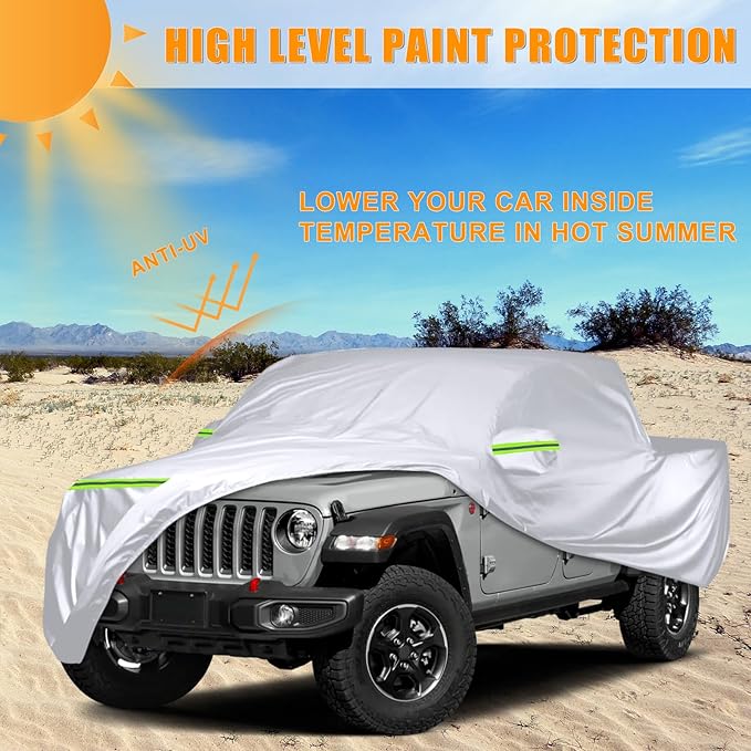 Waterproof Car Covers Replace for 2019-2025 Jeep Gladiator, 6 Layers Silver All Weather Custom-fit Car Cover with Zipper Door & Windproof Bands for Snow Rain Dust Hail Protection