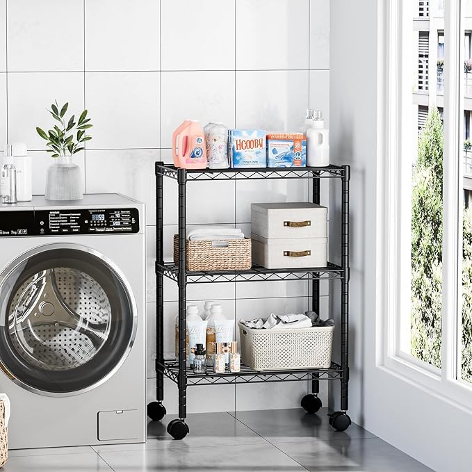 DUMOS 3 Tier Metal Shelving, Heavy Duty Shelves Wire Shelving Unit with Removable Wheel Casters, Shelves Organizer for Bathroom Garage Living Room Kitchen Pantry Laundry Black