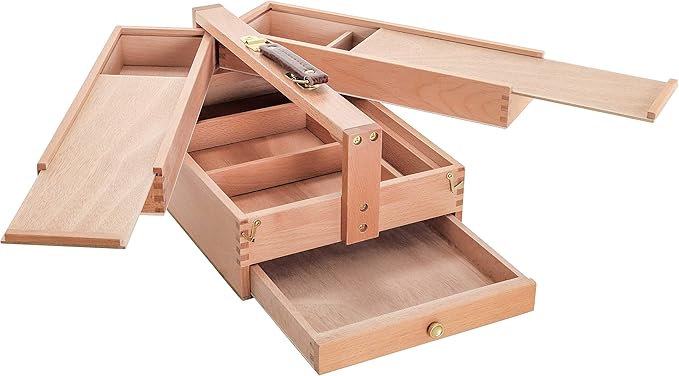 U.S. Art Supply Multi-Function Artist Tool Supply Box with Locking Clasps & Tool Storage Box - Wooden Art Box for Artist Supplies, Brushes, Pencils, Erasers, Tool Storage Organizer Case
