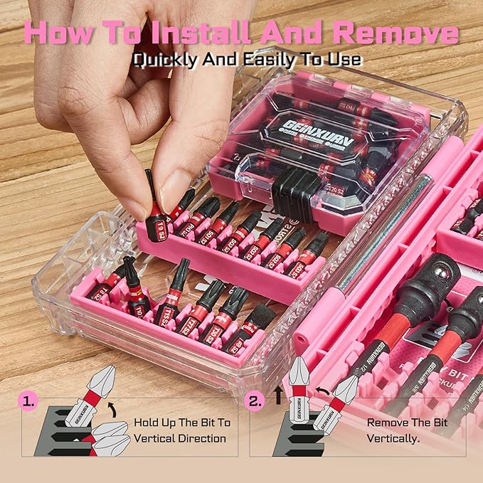 Geinxurn 55Pieces Impact Screwdriver Bits Set, Magnetic S2 Steel Phillips/Slotted/Square/Torx Insert Power Bits Tips, Impact Bit Holder and Impact Socket Adapter with Pink Storage Box Case