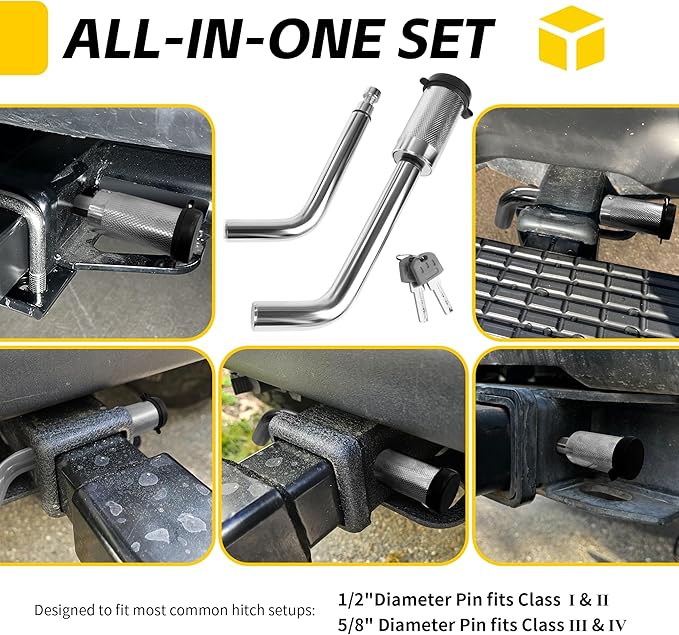 MaxxHaul 50058 Hitch Receiver Lock with 1/2" and 5/8" Pins - Universal Anti-Theft Trailer Lock for Class I, II, III, IV, and V Receivers - Press-to-Lock Technology with 2 Keys - Chrome Finish