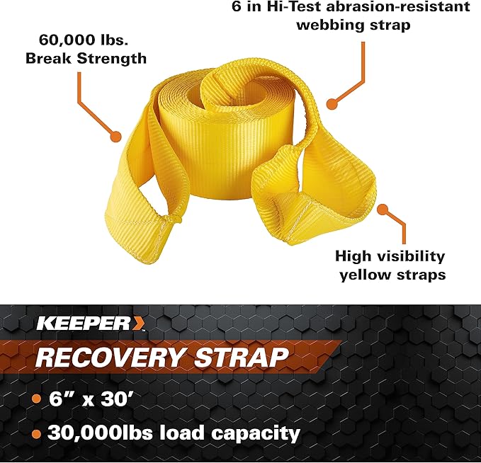 KEEPER Tow Straps Heavy Duty with Loops - 6" x 30' Towing Strap, 60,000 lbs Break Strength - Ideal for Vehicle Recovery, Trucks, SUVs, and Off-Road Use