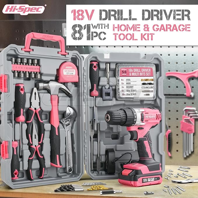 Hi-Spec Cordless Drill Tool Set: Pink Power Drill for Women used for DIY, Building and Fixing Tasks Easy to use All In One Set in Pink Color Stored in a Case 81 Pieces
