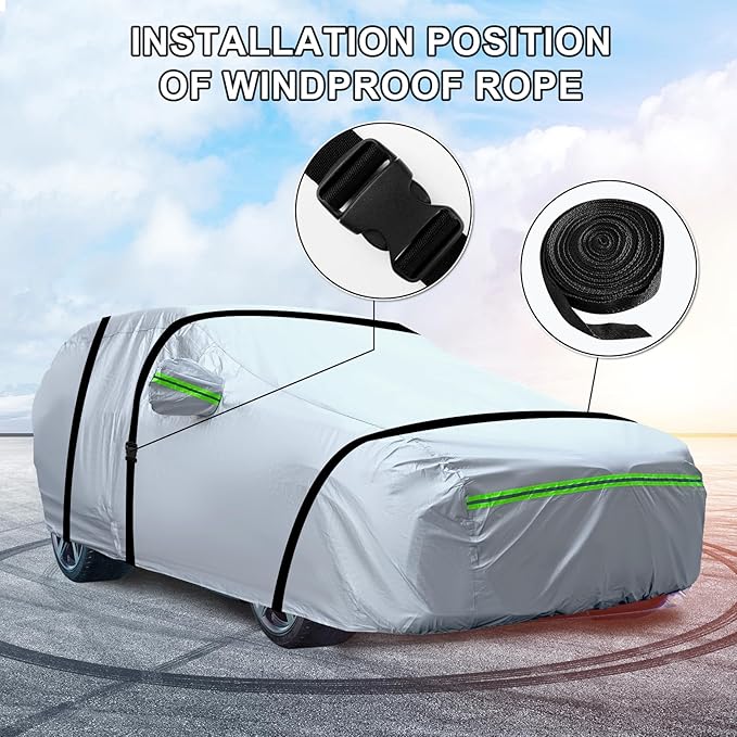 Full Car Cover Universal 6 Layers Outdoor Thicked All Weather Cover, Sunshield, Waterproof, Snow Proof, UV Proof, Scratch Proof, Bird Droppings, 6 Reflective Strips, Fits SUVs up to 180"