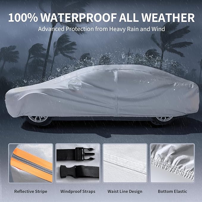 Multi-Layer Car Cover Custom Fit for Dodge Challenger Widebody, 100% Waterproof All Weather for Automobiles, Gift with Towel, Heavy Duty Car Covers for Rain Sun UV Protection with Door Zipper