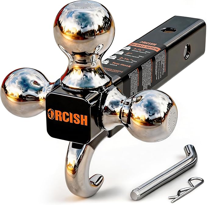 ORCISH Trailer Hitch Tri-Ball Mount with Tow Hook & Pin, Chrome Trailer Ball Sizes 1-7/8", 2" & 2-5/16", Fit 2 Inch Hitch Receiver, 10,000 LBS Max Towing Capacity for RVs, SUVs, ATVs & Trucks