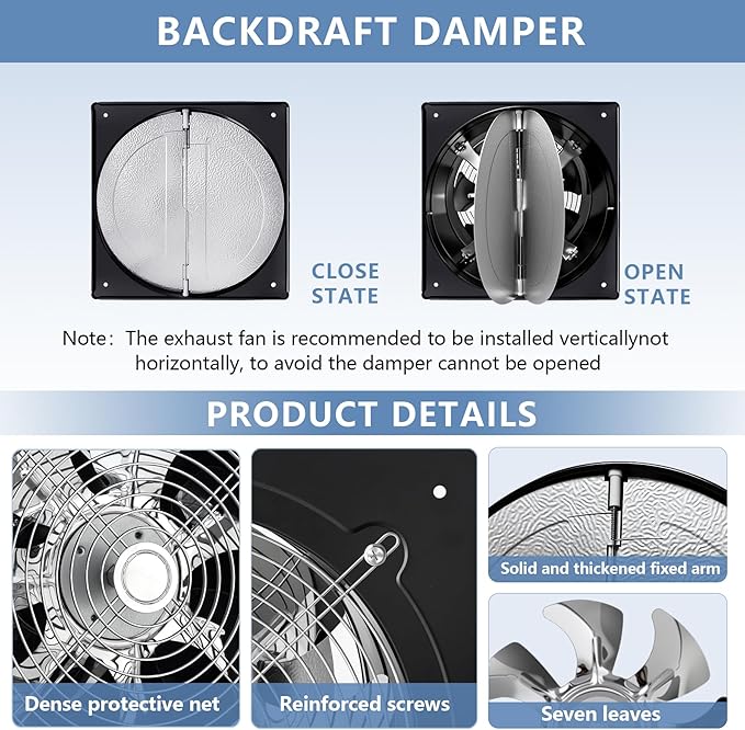 10 Inch Exhaust Fan,794CFM Kitchen Exhaust Fan with Speed Controller,110V 100W Wall Mounted Vent Fans with Damper for Shop, Smoking Room, Industrial Ventilation Use (10-inch Black)