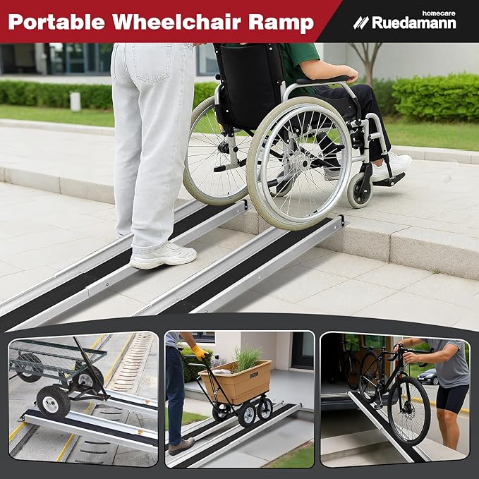 Ruedamann Wheelchair Ramp 6FT Telescoping Wheelchair Ramps for Home Steps Portable Non-Skid Ramps for Wheelchairs for Home Adjustable Aluminum Wheelchair Ramp Storage Bag (2 Pcs)