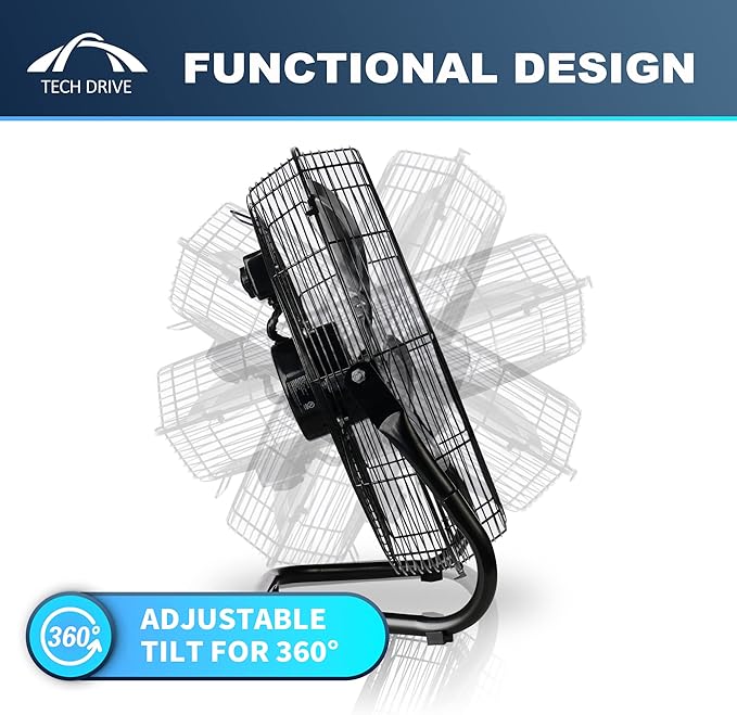 Tech Drive High Velocity Floor Fan,14 inch Heavy Duty Metal Industrial Fans,3 Powerful Speed,360° Adjustable Tilting and All Metal Construction,Black