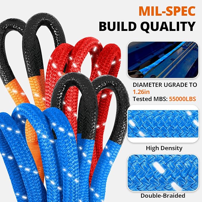 Kinetic Recovery Tow Rope - 1.26" x30FT 55000LBS Reflective Heavy Duty Snatch Strap Kit with Soft Shackles for Offroad Pulling Truck SUV UTV ATV Car Jeep - Blue
