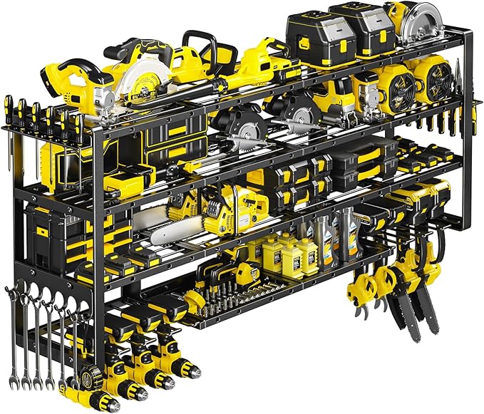 POKIPO Extra Large 64" W Power Tool Organizer Wall Mount, Load 1000 lbs, Heavy Duty 4 Tier Garage Storage Rack with 8 Drill Holders, 2 in 1 Corner or Straight Installation