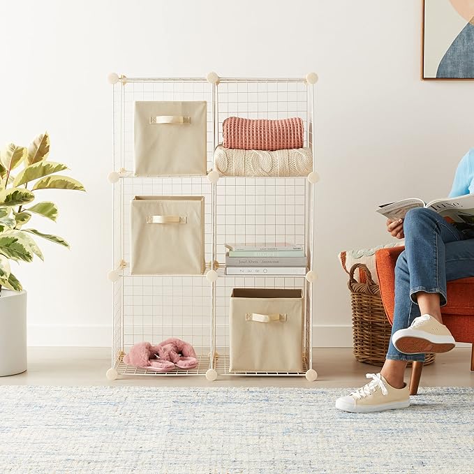 Amazon Basics 6 Cube Wire Grid Storage Organizer, Stackable Storage Cubes, Modular Closet Organizer Shelves, 14.6" D x 30.3" W x 44.8" H, White