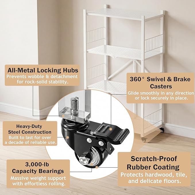 4-Tier Metal Foldable Shelf Shelving Rack Organizer on Rolling Wheels in Kitchen, Pantry, Warehouse, Patio, Basement, Dorm, Garage, RV